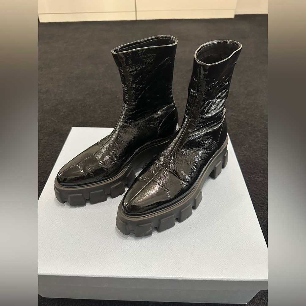 Prada Monolith pointy technical patent leather booties